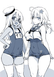 Rule 34 | 2girls, :d, ahoge, asanagi, blue theme, cosplay, costume switch, covered navel, dark-skinned female, dark skin, fang, flower, glasses, greyscale, hair flower, hair ornament, hand on own hip, hat, highres, holding hands, i-8 (kancolle), i-8 (kancolle) (cosplay), kantai collection, long hair, looking at viewer, monochrome, multiple girls, one-piece swimsuit, open mouth, ponytail, ro-500 (kancolle), ro-500 (kancolle) (cosplay), sailor collar, school swimsuit, simple background, smile, swimsuit, tan, tanline, thighhighs, white background