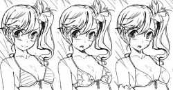 Rule 34 | 1girl, bad id, bad pixiv id, bikini, blush, breasts, cleavage, collarbone, expressions, flower, futami mami, greyscale, hair flower, hair ornament, idolmaster, idolmaster (classic), irei eri, looking at viewer, monochrome, open mouth, side ponytail, sketch, swimsuit, upper body