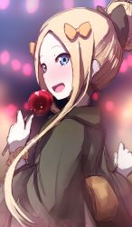 Rule 34 | 1girl, :d, abigail williams (fate), alternate hairstyle, bad id, bad pixiv id, black bow, black kimono, blonde hair, blue eyes, blush, bow, candy apple, fate/grand order, fate (series), food, hair bow, hair bun, hair up, highres, holding, holding food, japanese clothes, kimono, long hair, long sleeves, looking at viewer, looking back, open mouth, orange bow, orange scrunchie, scrunchie, single hair bun, sketch, smile, solo, teeth, upper teeth only, very long hair, wada kazu, wide sleeves, wrist scrunchie