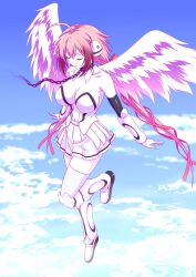 Rule 34 | 1girl, ahoge, angel wings, bare shoulders, blue sky, blue thighhighs, breasts, chain, cleavage, closed eyes, closed mouth, cloud, collar, collarbone, day, feathered wings, floating, flying, full body, hair ribbon, highres, ikaros, large breasts, long hair, pink hair, pink wings, red ribbon, ribbon, robot ears, skirt, sky, solo, sora no otoshimono, thighhighs, twintails, very long hair, watanabe yoshihiro, white skirt, wings