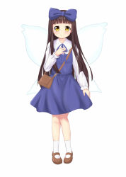 Rule 34 | 1girl, bag, blue dress, bow, brown eyes, brown footwear, brown hair, commentary request, dress, fairy, fairy wings, full body, hair bow, hand on own chest, highres, long hair, mary janes, p.w., ribbon, shoes, smile, socks, solo, star sapphire, touhou, white footwear, wings