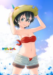 Rule 34 | 10s, 1girl, :d, adapted costume, bandeau, bikini, bikini under clothes, black hair, blue eyes, blush, breasts, character name, cleavage, cloud, collarbone, cowboy shot, dated, day, female focus, flower, gecotan, groin, hair between eyes, hands on headwear, hat, hat feather, hat ornament, kaban (kemono friends), kemono friends, looking at viewer, medium breasts, navel, ocean, open clothes, open mouth, open shorts, red bikini, shorts, sky, smile, solo, straw hat, sunflower, swimsuit, unbuttoned