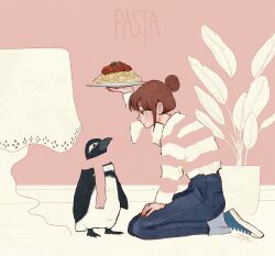 Rule 34 | 1girl, arm up, bird, blending, blue footwear, blue pants, brown hair, food, hair bun, highres, holding, holding food, leaf, original, pants, pasta, penguin, plant, plate, potted plant, red nails, shirt, shirt tucked in, shoes, signature, sitting, solo, spaghetti, striped clothes, striped shirt, syooooyoooo, table, wide shot