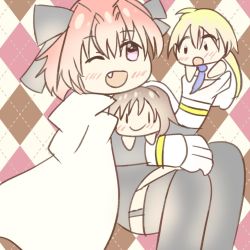 Rule 34 | 1girl, 2boys, :d, ahoge, astolfo (fate), bad id, bad twitter id, black pantyhose, black skirt, blush, boots, brown hair, candymilkhoip, cape, cloak, fang, fate/apocrypha, fate/grand order, fate (series), garter straps, gauntlets, hair ornament, hair ribbon, holding, jeanne d&#039;arc (fate), jeanne d&#039;arc (ruler) (fate), long hair, male focus, multiple boys, necktie, one eye closed, open mouth, pantyhose, pink eyes, pink hair, purple hair, ribbon, shirt, short hair, sieg (fate), simple background, sitting, skirt, smile, thighhighs, thighhighs under boots, thighs, very long hair, white shirt