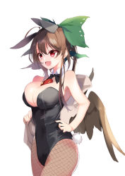 Rule 34 | 1girl, animal ears, bare arms, bare shoulders, black bow, black bowtie, black leotard, bow, bowtie, breasts, brown hair, cleavage, cowboy shot, detached collar, fishnet pantyhose, fishnets, green bow, hair bow, hand on own hip, highres, large breasts, leotard, long hair, open mouth, pantyhose, playboy bunny, ponytail, rabbit ears, rabbit tail, red eyes, reiuji utsuho, simple background, smile, solo, tail, tetsurou (fe+), third eye, touhou, white background, wings