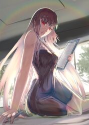 Rule 34 | 1girl, bare arms, bare shoulders, black nightgown, breasts, clipboard, commentary request, dress, fate/grand order, fate (series), florence nightingale (fate), holding, holding pen, inugami86, long hair, medium breasts, nightgown, pen, pink hair, rainbow, red eyes, sitting, solo, tight clothes, tight dress