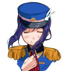 1girl blue_hair blue_hat blue_jacket blush closed_eyes closed_mouth commentary cropped_torso dark_blue_hair epaulettes happy_party_train hat jacket long_hair love_live! love_live!_sunshine!! matsuura_kanan moshi_(0364p) necktie official_alternate_costume ponytail red_necktie sidelocks simple_background smile solo split_mouth white_background