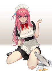Rule 34 | 1girl, absurdres, alternate eye color, apron, black dress, black footwear, bocchi the rock!, bow, bowtie, breasts, cleavage, collarbone, commentary, crossed bangs, cube hair ornament, cup, dress, drinking glass, facing viewer, frilled apron, frills, frown, gotoh hitori, hair ornament, hand up, highres, large breasts, long bangs, long hair, looking to the side, maid, maid apron, maid headdress, melon (meronpang), one side up, open mouth, pink hair, plate, puffy short sleeves, puffy sleeves, red bow, red bowtie, red eyes, short sleeves, simple background, sitting, socks, solo, spill, sweat, teeth, thighs, white apron, white background, white socks, yokozuwari