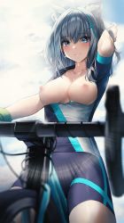 Rule 34 | 1girl, absurdres, animal ears, bicycle, bike shorts, blue archive, blue eyes, blue shorts, blush, breasts, breasts out, closed mouth, collarbone, hair ornament, highres, large breasts, looking at viewer, medium hair, nipples, outdoors, shiroko (blue archive), shiroko (cycling) (blue archive), short sleeves, shorts, silver hair, solo, sora (men0105), sweat