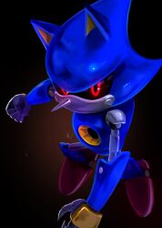 Rule 34 | black background, black sclera, blue skin, claws, clenched hand, colored sclera, colored skin, commentary, english commentary, hedgehog ears, highres, joints, looking at viewer, metal sonic, misuta710, no humans, no mouth, pointy nose, red eyes, red footwear, robot, robot joints, simple background, solo, sonic (series)