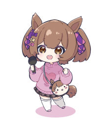 Rule 34 | 1girl, :d, animal ears, bag, black skirt, blush, bow, brown eyes, brown hair, chibi, colored shadow, commentary request, full body, hair bow, heart, highres, holding, holding microphone, horse ears, horse girl, horse tail, long sleeves, microphone, nozo (hitomiz), open mouth, pink bow, pink footwear, pink sweater, plaid, plaid skirt, pleated skirt, puffy long sleeves, puffy sleeves, purple bow, shadow, shoes, shoulder bag, simple background, skirt, sleeves past wrists, smart falcon (umamusume), smile, solo, standing, standing on one leg, sweater, tail, teeth, thighhighs, twintails, umamusume, upper teeth only, white background, white thighhighs, yellow bow