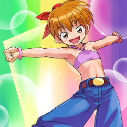 Rule 34 | 1girl, :d, armpits, baggy pants, bare shoulders, belt, belt buckle, binka, blush, bracelet, brown eyes, brown hair, buckle, bun cover, child, clenched hands, crop top, flat chest, hair bun, halterneck, haruyama kazunori, jewelry, leaning, light particles, looking at viewer, lowres, midriff, mushrambo, navel, open mouth, outstretched arms, pants, rainbow background, ribbon, short hair, single hair bun, smile, solo, sparkle, spread arms, standing