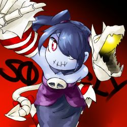 Rule 34 | 1girl, arm up, blue hair, blue skin, blue skirt, character name, closed mouth, colored skin, detached sleeves, dress, from above, hair over one eye, looking at viewer, off-shoulder dress, off shoulder, purple dress, red eyes, side ponytail, skeletal hand, skirt, skull, skullgirls, solo, squigly (skullgirls), stitched mouth, stitches, striped clothes, striped footwear, striped sleeves, yaise, zombie