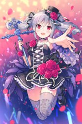 Rule 34 | 10s, 1girl, breasts, drill hair, floral print, flower, gothic lolita, highres, idolmaster, idolmaster cinderella girls, kanzaki ranko, lolita fashion, long hair, open mouth, outstretched arm, red eyes, rei (rei&#039;s room), rose, silver hair, smile, solo, thighhighs, twin drills, twintails, v-shaped eyebrows