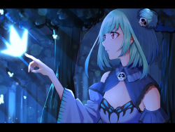 Rule 34 | 1girl, blue hair, breasts, bug, butterfly, detached sleeves, forest, from side, glowing butterfly, gradient hair, green hair, hair ornament, hand up, hololive, insect, juliet sleeves, letterboxed, long sleeves, mikan (chipstar182), multicolored hair, nature, night, outdoors, outstretched arm, parted lips, puffy sleeves, red eyes, skull hair ornament, small breasts, solo, tree, upper body, uruha rushia, uruha rushia (1st costume), virtual youtuber, wide sleeves