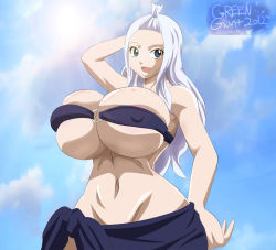 Rule 34 | 1girl, areola slip, bikini, blue eyes, breasts, bursting breasts, covered erect nipples, curvy, fairy tail, highres, huge breasts, long hair, looking at viewer, mirajane strauss, navel, open mouth, rtenzo, skindentation, smile, solo, swimsuit, tagme, white hair, wide hips