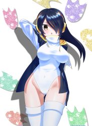 Rule 34 | 10s, 1girl, black hair, blush, breasts, brown eyes, covered navel, emperor penguin (kemono friends), hair over one eye, headphones, highleg, highleg leotard, hood, hoodie, jacket, kagiyama (clave), kemono friends, large breasts, leotard, long hair, looking at viewer, multicolored hair, open clothes, penguins performance project (kemono friends), solo, thighhighs, triangle mouth, white leotard, white thighhighs