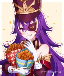Rule 34 | 1girl, :t, absurdres, bare shoulders, black hat, chevreuse (genshin impact), commentary request, detached sleeves, earmuffs, earmuffs around neck, food, food on face, french fries, genshin impact, gloves, hand up, hat, highres, holding, holding food, long hair, looking at viewer, multicolored hair, onion rings, pochimaru (marumaru wanwan), purple eyes, purple hair, shako cap, solo, streaked hair, upper body, very long hair, white gloves, white hair