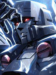 Rule 34 | commentary, decepticon, english commentary, highres, lina rojas, looking up, mecha, megatron, megatron (idw), open hand, parted lips, portrait, rain, red eyes, robot, science fiction, solo, the transformers (idw), transformers