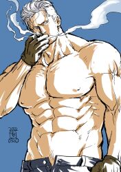 Rule 34 | 1boy, abs, bara, cowboy shot, facial hair, kokorozashi, large pectorals, looking at viewer, male focus, mature male, medium sideburns, muscular, muscular male, navel, nipples, one piece, open fly, pectorals, scar, scar on face, scar on forehead, short hair, sideburns stubble, smoke, smoker (one piece), solo, sparse stubble, stitches, stomach, strongman waist, stubble, topless male, tsurime, unfinished, white hair