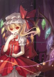 Rule 34 | 1girl, adapted costume, bat wings, blood, bow, colored eyelashes, dress, eyelashes, fang, female focus, flandre scarlet, glowing, hat, highres, night, night sky, red eyes, sky, smile, smirk, solo, embodiment of scarlet devil, touhou, window, wings, zhao shuwen