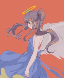 Rule 34 | 1girl, absurdres, angel, angel wings, bare shoulders, blue dress, blush, dress, earrings, halo, highres, hoshizora, jewelry, light purple hair, long hair, low wings, nail polish, orange background, original, parted lips, purple nails, red eyes, simple background, single earring, sketch, solo, twintails, wings