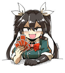 Rule 34 | 10s, 1girl, bad id, bad pixiv id, bow, bowtie, brown eyes, brown hair, card, gloves, hair ribbon, kantai collection, long hair, mizuno (okn66), playing card, ribbon, simple background, smile, solo, tone (kancolle), tone kai ni (kancolle), twintails