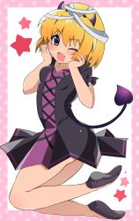 Rule 34 | 1girl, ;d, absurdres, bandaged head, bandages, black dress, black footwear, blonde hair, blush, border, breasts, collarbone, commentary request, demon girl, demon horns, demon tail, dress, fake horns, fake tail, fang, frills, full body, hairband, halloween costume, hands on own cheeks, hands on own face, hands up, happy, highres, higurashi no naku koro ni, horns, houjou satoko, looking at viewer, mashimaro tabetai, one eye closed, open mouth, outside border, pink border, polka dot, polka dot border, purple dress, purple eyes, purple hairband, shoes, short hair, short sleeves, smile, solo, star (symbol), tail, two-tone dress, white background