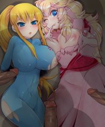 Rule 34 | 2girls, bad id, bad pixiv id, blonde hair, blue eyes, blush, bodysuit, breasts, cameltoe, collaboration, covered erect nipples, crossover, dress, elbow gloves, finger to mouth, gloves, imminent rape, large breasts, long hair, mario (series), metroid, multiple girls, multiple penises, nintendo, nipples, ojichan (asibue765), one eye closed, penis, pink dress, ponytail, princess peach, samus aran, skin tight, smile, super smash bros., torn clothes, uncensored, wink, yukimimi, zero suit