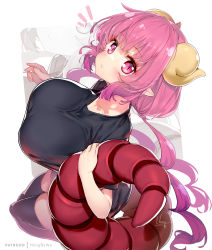 Rule 34 | 1girl, breasts, collarbone, hong (white spider), horns, ilulu (maidragon), kobayashi-san chi no maidragon, large breasts, pantyhose, pink hair, pointy ears, red eyes, shirt, signature, simple background, surprised, t-shirt, tail, white background