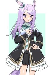 Rule 34 | 1girl, :o, absurdres, animal ears, armband, black coat, black skirt, bow, coat, cowboy shot, green bow, hair bow, hand on own hip, hand on own chest, highres, horse ears, horse girl, horse tail, long hair, long sleeves, looking at viewer, mejiro mcqueen (umamusume), michia (bourgognepony), midriff peek, open mouth, pleated skirt, purple eyes, simple background, skirt, solo, tail, two-tone background, umamusume
