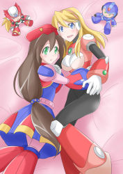 Rule 34 | 2girls, android, arm around waist, bed sheet, beret, blonde hair, blue eyes, blush, bodysuit, breasts, brown hair, capcom, character doll, dress, gloves, green eyes, hair ornament, hand on own chest, hat, highres, iris (mega man), long hair, looking at viewer, low-tied long hair, lying, mega man (series), mega man x4, mega man x8, x (mega man), mega man x (series), multiple girls, open mouth, stuffed toy, white gloves, zero (mega man)