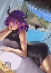 Rule 34 | 1girl, blush, breasts, collarbone, demon girl, demon horns, demon tail, dress, hair between eyes, hand on own face, highres, horns, kinsou no vermeil, large breasts, looking at viewer, open mouth, parted lips, partially submerged, pointy ears, pool, purple hair, red eyes, short hair, solo, sweater, tail, thighs, turtleneck, turtleneck dress, turtleneck sweater, vermeil (kinsou no vermeil), xredmhar