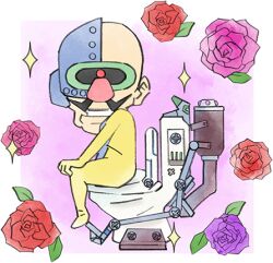 Rule 34 | 1boy, cyborg, dr. crygor, facial hair, flower, jumpsuit, looking at viewer, lowres, mustache, nintendo, official art, on toilet, pink flower, pink rose, purple flower, purple rose, red flower, red rose, rose, smirk, sparkle, takeuchi kou, third-party source, toilet, warioware, warioware: get it together!, yellow jumpsuit