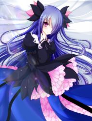 Rule 34 | 1girl, black dress, blue dress, blue hair, bow, creatures (company), dress, frills, game freak, gen 5 pokemon, hair bow, hair over one eye, highres, hydreigon, lens flare, long hair, long sleeves, looking at viewer, naiki karin, nintendo, personification, pink eyes, pokemon, puffy long sleeves, puffy sleeves, solo, two-tone dress, very long hair, wide sleeves