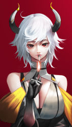 Rule 34 | 1girl, breasts, cigarette, cleavage, commentary request, demon girl, demon horns, detached collar, detached sleeves, glowing finger, highres, hiragana oufu, horns, large breasts, lips, looking at viewer, original, red background, red eyes, simple background, smoking, solo, white hair