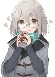 Rule 34 | 1girl, :q, brown eyes, can, coat, duffel coat, glasses, grey hair, hair between eyes, hands up, hayashi kewi, heart, holding, holding can, long sleeves, looking at viewer, original, ribbed sweater, scarf, short hair, sleeves past wrists, solo, sweater, tongue, tongue out, upper body