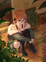 Rule 34 | 1girl, ahoge, artist request, bare shoulders, behind-the-head headphones, black-framed eyewear, black footwear, black shorts, black thighhighs, blunt bangs, boots, bra strap, closed mouth, coat, collarbone, cross-laced footwear, day, from above, full body, fur-trimmed coat, fur trim, glasses, green coat, headphones, knee boots, knees up, lace-up boots, leaf, long hair, long sleeves, looking at viewer, looking up, menu board, off shoulder, on floor, open clothes, open coat, orange hair, outdoors, ouu min, persona, persona 5, purple eyes, sakura futaba, short shorts, shorts, sidelocks, sitting, solo, stone floor, thighhighs