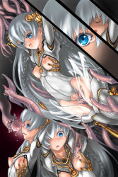 Rule 34 | 00s, ar tonelico, ar tonelico i, blue eyes, blush, bodysuit, braid, breastless clothes, breasts, catradio, censored, gust, highres, long hair, shurelia (ar tonelico), silver hair, slime (substance), solo, tears, tentacles, thighhighs, twin braids, very long hair