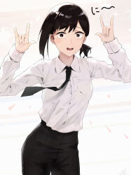 Rule 34 | 1girl, \m/, absurdres, artist name, black eyes, black hair, black necktie, black pants, breast pocket, chainsaw man, collared shirt, commentary, cowboy shot, double \m/, dress shirt, floating neckwear, hands up, hidulume, higashiyama kobeni, highres, long sleeves, looking at viewer, necktie, nervous, nervous smile, open mouth, pants, pocket, raised eyebrows, shirt, shirt tucked in, short hair, short ponytail, signature, simple background, smile, solo, standing, sweat, swept bangs, tearing up, translated, wavy mouth, white background, white shirt, wide-eyed