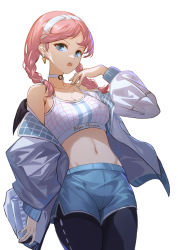 Rule 34 | absurdres, arknights, blue eyes, blue poison (arknights), blue poison (shoal beat) (arknights), blue shorts, braid, character name, choker, clothes writing, collarbone, earrings, hairband, highres, jacket, jewelry, leggings, navel, o-ring, o-ring choker, off shoulder, official alternate costume, purple hair, shorts, simple background, spaghetti strap, sports bra, stomach, twin braids, white background, white hairband, white sports bra, y (yyyako2)