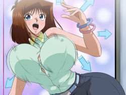 Rule 34 | 1girl, 20s, arm up, arrow (symbol), belt, blue belt, blue bracelet, blue eyes, blue shorts, bouncing breasts, bracelet, breasts, brown hair, bursting breasts, buttons, collar, covered erect nipples, dancing, female focus, green shirt, highres, indoors, jewelry, large breasts, mazaki anzu, motion lines, nipples, open mouth, pink bracelet, pixiv id 6721917, shirt, short hair, shorts, sleeveless, solo, sweat, upper body, yellow collar, yu-gi-oh!, yu-gi-oh! duel monsters