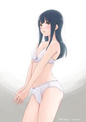 Rule 34 | 1girl, 2023, :o, armpit crease, bare arms, black hair, blush, bra, breasts, cleavage, cowboy shot, dated, grey background, groin, hibike! euphonium, highres, long hair, looking at viewer, open mouth, own hands together, panties, sidelocks, signature, small breasts, takahashi mugi, thighs, two-tone background, underwear, white background, white bra, white panties, yellow eyes, yoroizuka mizore