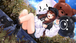 Rule 34 | 1girl, :d, absurdres, ankimo (tokino sora), balloon, baseball cap, black choker, black footwear, black hat, black hoodie, black shorts, blush, bobby socks, boots, brown hair, character balloon, choker, commentary, cross-laced footwear, dutch angle, english commentary, fuwanian, hair flaps, hat, high heel boots, high heels, highres, holding, holding balloon, hololive, hood, hood down, hoodie, jewelry, lace-up boots, lace socks, long hair, long sleeves, looking at viewer, necklace, nun nun (tokino sora), o-ring, o-ring choker, official alternate hairstyle, open mouth, outdoors, platform boots, platform footwear, platform heels, short shorts, shorts, sitting, smile, socks, solo, star (symbol), star necklace, tokino sora, tokino sora (streetwear), two-tone hoodie, variant set, virtual youtuber, white hoodie