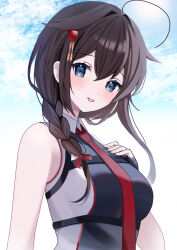 Rule 34 | 1girl, :d, absurdres, ahoge, black gloves, blue eyes, blush, braid, brown hair, fingerless gloves, from side, gloves, hair between eyes, hair flaps, hair over shoulder, hand on own chest, head tilt, highres, kantai collection, long hair, looking at viewer, looking to the side, necktie, open mouth, red necktie, shigure (kancolle), shigure kai san (kancolle), single braid, sleeveless, smile, solo, takemochi