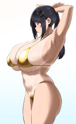 Rule 34 | 1girl, armpits, arms up, bikini, black hair, blue background, blush, breasts, cowboy shot, dumbbelldore, from side, gold bikini, gradient background, highres, huge breasts, navel, original, ponytail, red eyes, sideboob, simple background, solo, swimsuit, tan, tanline, thighs, underboob, white background