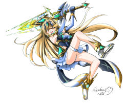 Rule 34 | 1girl, aegis sword (xenoblade), bare legs, bare shoulders, blonde hair, breasts, chest jewel, cleavage, cleavage cutout, clothing cutout, dress, earrings, elbow gloves, gem, gloves, headpiece, highres, jewelry, large breasts, long hair, mythra (xenoblade), short dress, sofusan1526, swept bangs, thigh strap, tiara, very long hair, white dress, white footwear, white gloves, xenoblade chronicles (series), xenoblade chronicles 2, yellow eyes