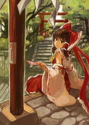 Rule 34 | 1girl, architecture, ascot, bow, brown eyes, brown hair, day, detached sleeves, east asian architecture, female focus, grass, hair bow, hair tubes, hakurei reimu, head tilt, highres, hokora (shrine), icomochi, looking at viewer, looking back, ofuda, outdoors, path, road, rock, shide, short hair, sitting, skirt, skirt set, solo, stairs, torii, touhou, tree