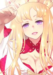 Rule 34 | 1girl, blonde hair, breasts, crown, dress, europa (fate), fate/grand order, fate (series), headpat, large breasts, long hair, looking at viewer, mori marimo, open mouth, petting, purple eyes, reaching, reaching towards viewer, smile, solo, upper body