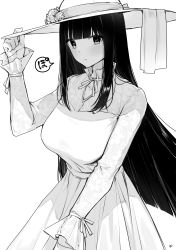 Rule 34 | 1girl, :o, absurdres, blunt bangs, commentary request, dress, greyscale, hand on headwear, hand up, hat, highres, long hair, long sleeves, looking at viewer, monochrome, original, parted lips, simple background, sleeves past wrists, sun hat, takenoko no you, translation request, very long hair, white background